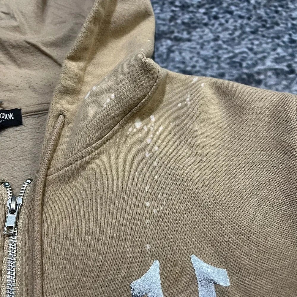 True Religion‎ Zip Up Hoodie Mens XL Beige Logo Graphic Y2K